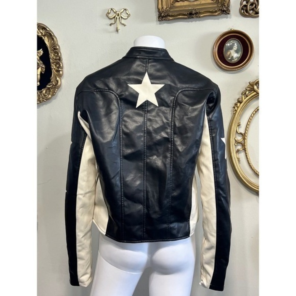 Stoosh Two Tone Black Cream Faux Leather Star Racing Jacket Size Large